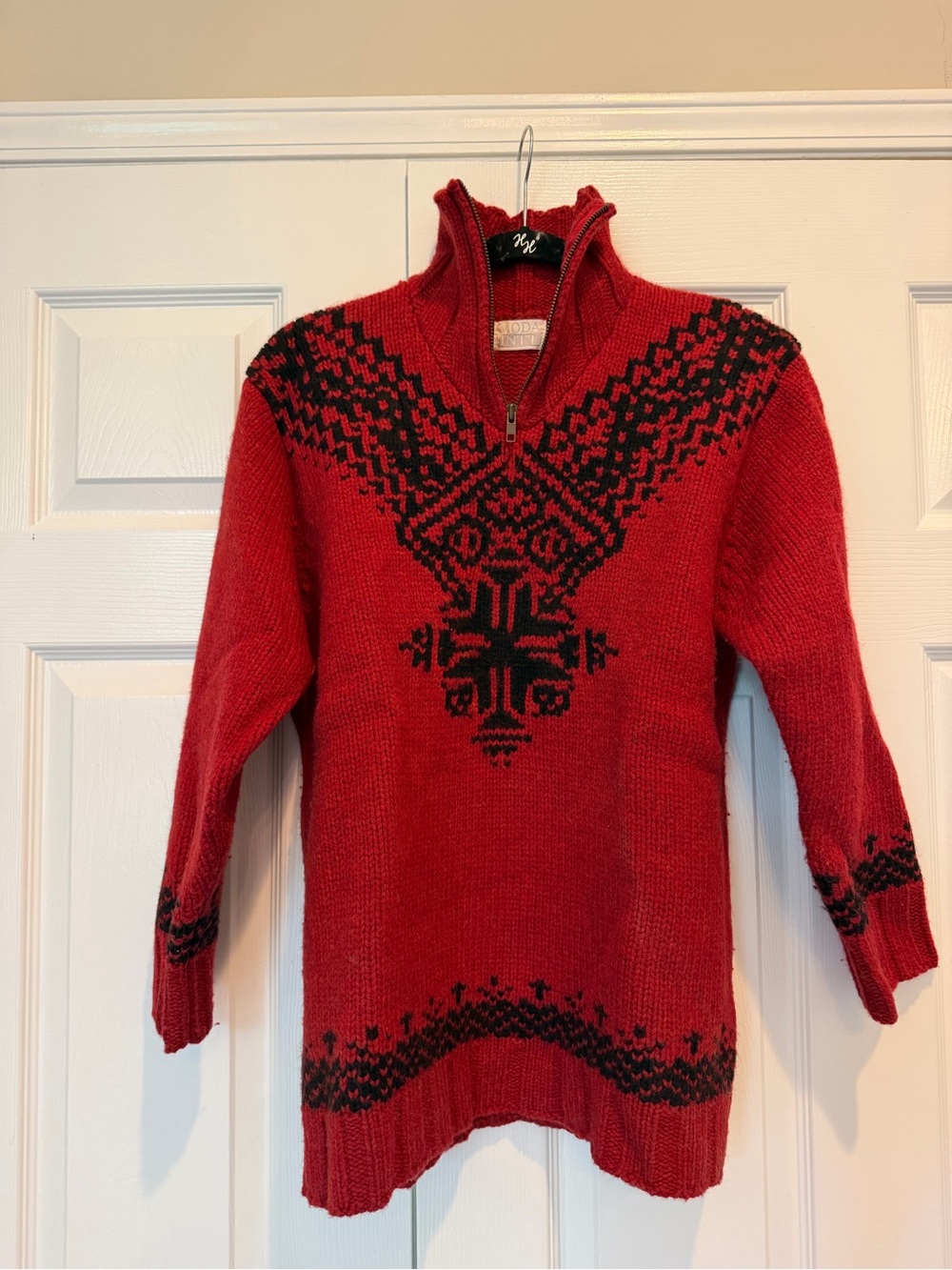 VTG Moda International 100% Wool Nordic Fair Isle Quarter Zip Sweater Red S